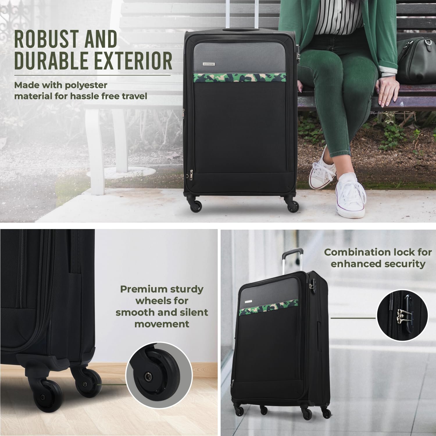 Aristocrat Medium Commander 69Cms Premium Polyester with PVC Coating Soft Sided Check-in 4 Spinner Wheels Black Suitcase - Image 6