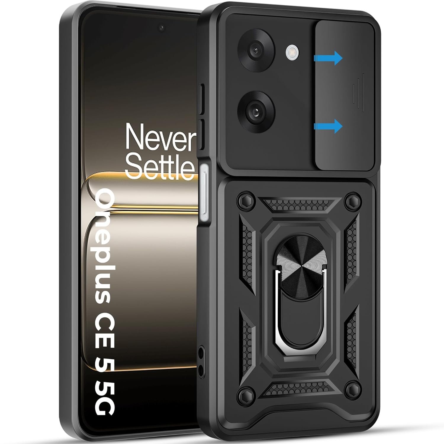 A rtistque Armor Bumper Back Case Cover for OnePlus Nord CE5 5G | Stylish Ring Holder & Inbuilt Stand | Sliding Camera Cover | Shockproof TPU Protective Design | Oneplus Nord Ce 5 Back Cover - Black