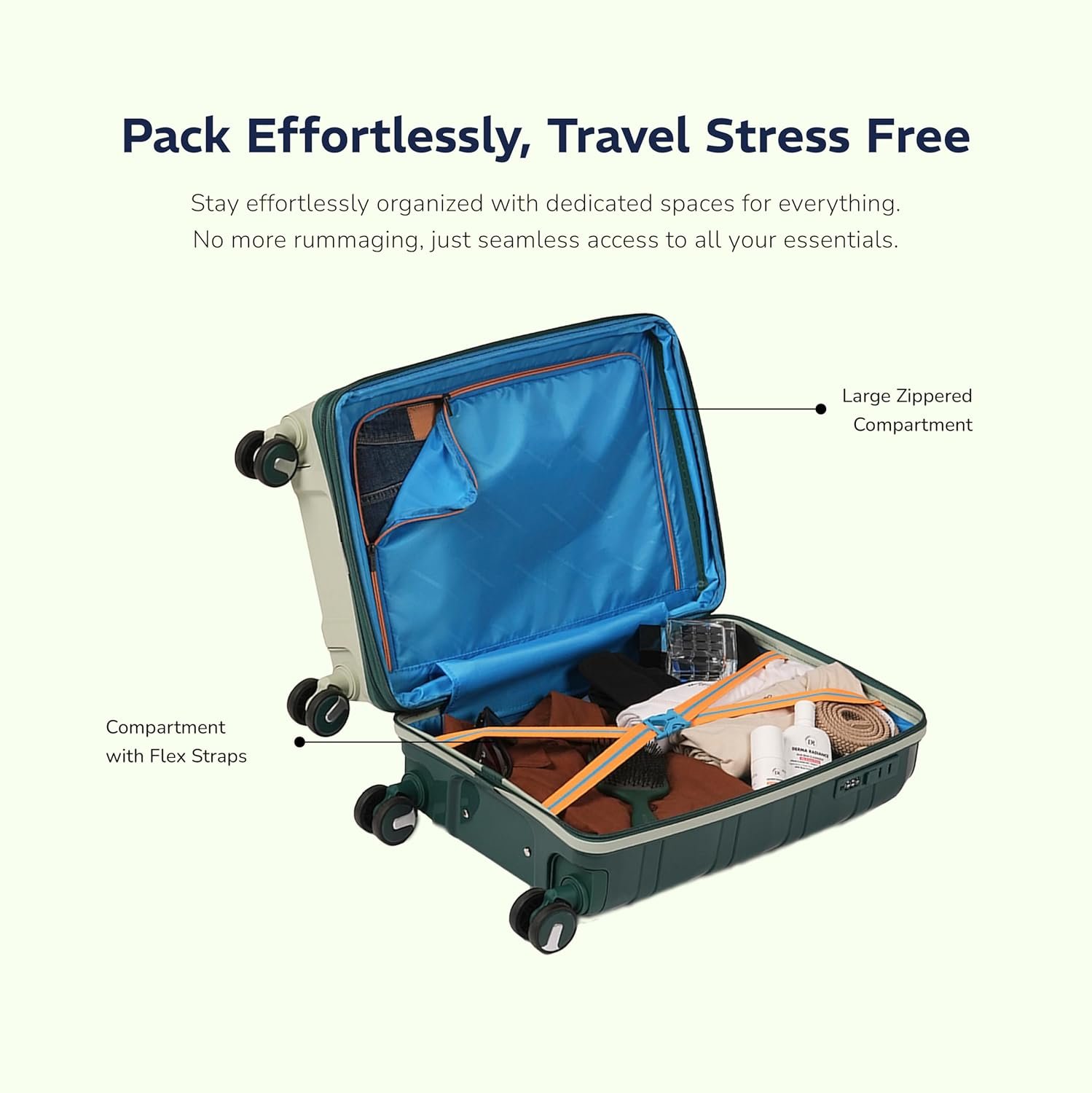 Provogue Azure Hard-Sided PP 65 Cm Check-in Medium Size Luggage Suitcase | Expandable Space with 8 Wheels Trolley Bags for Travel | Combination Lock | 5 Year Warranty (Laurel Green/Hunter Green) - Image 6