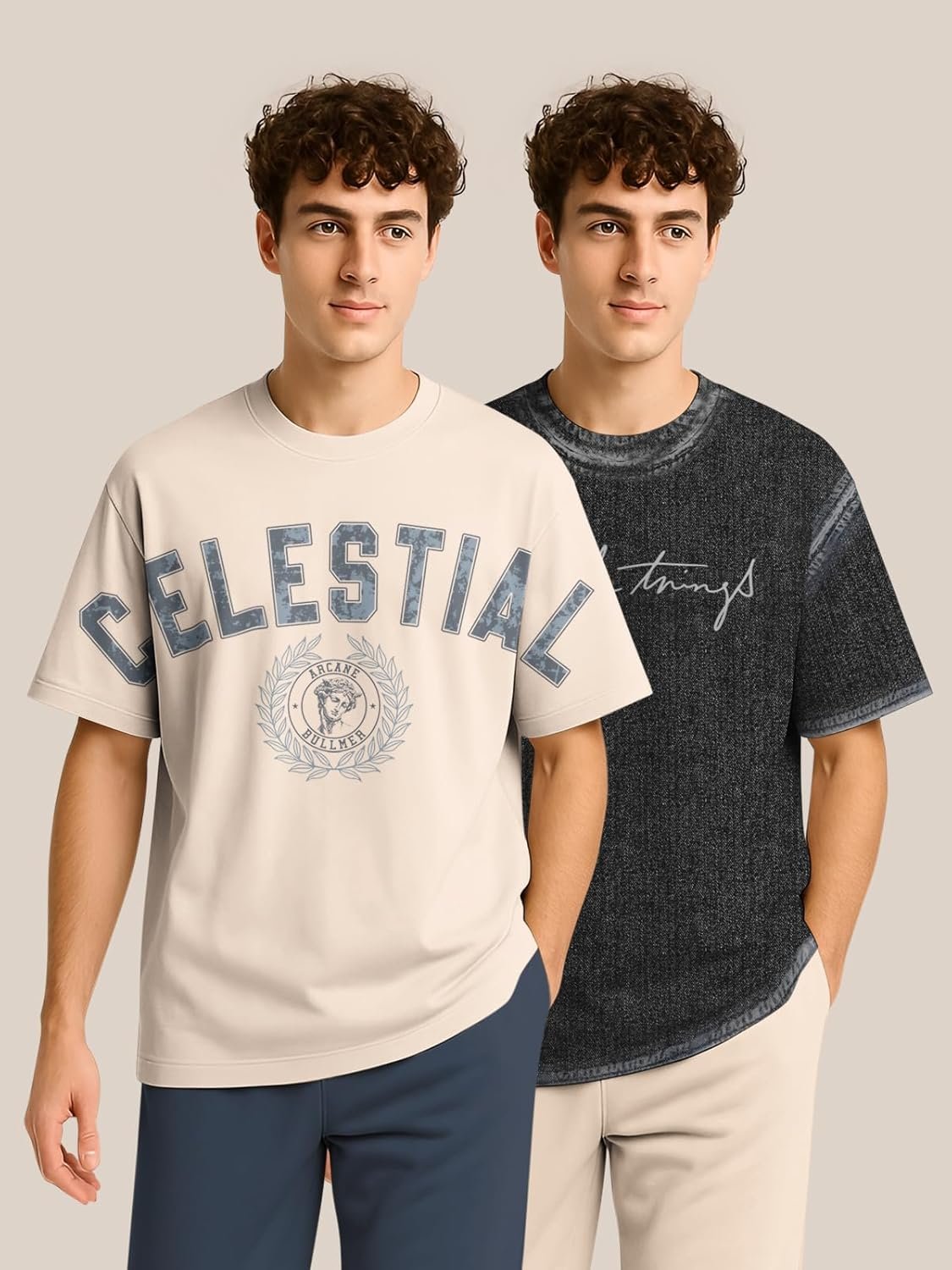 BULLMER Trendy Half Sleeve Oversized Cotton Blend Crew Neck Tshirt for Men - Pack of 2 - Image 2