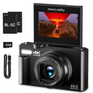 VJIANGER 4K Digital Camera For Photography, 64MP, 18X Digital Zoom Point And Shoot Vlogging Camera with 32GB Micro SD Card for Beginner, Youtube, Black