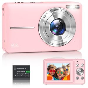 VAHOIALD Digital Camera 1080P FHD Compact Digital Camera 44MP Portable Mini Small Photo Camera with 2.4″ LCD Screen, 16X Digital Zoom and 1 Battery Vlogging Camera for Kids, Girls, Boys-Pink, 32 GB