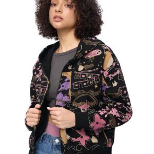 The Souled Store Kung Fu Panda: Warrior Women and Girls Long Sleeves Hooded Neck Zipper Front Black All Over Printed Cotton Blend Oversized Hoodies