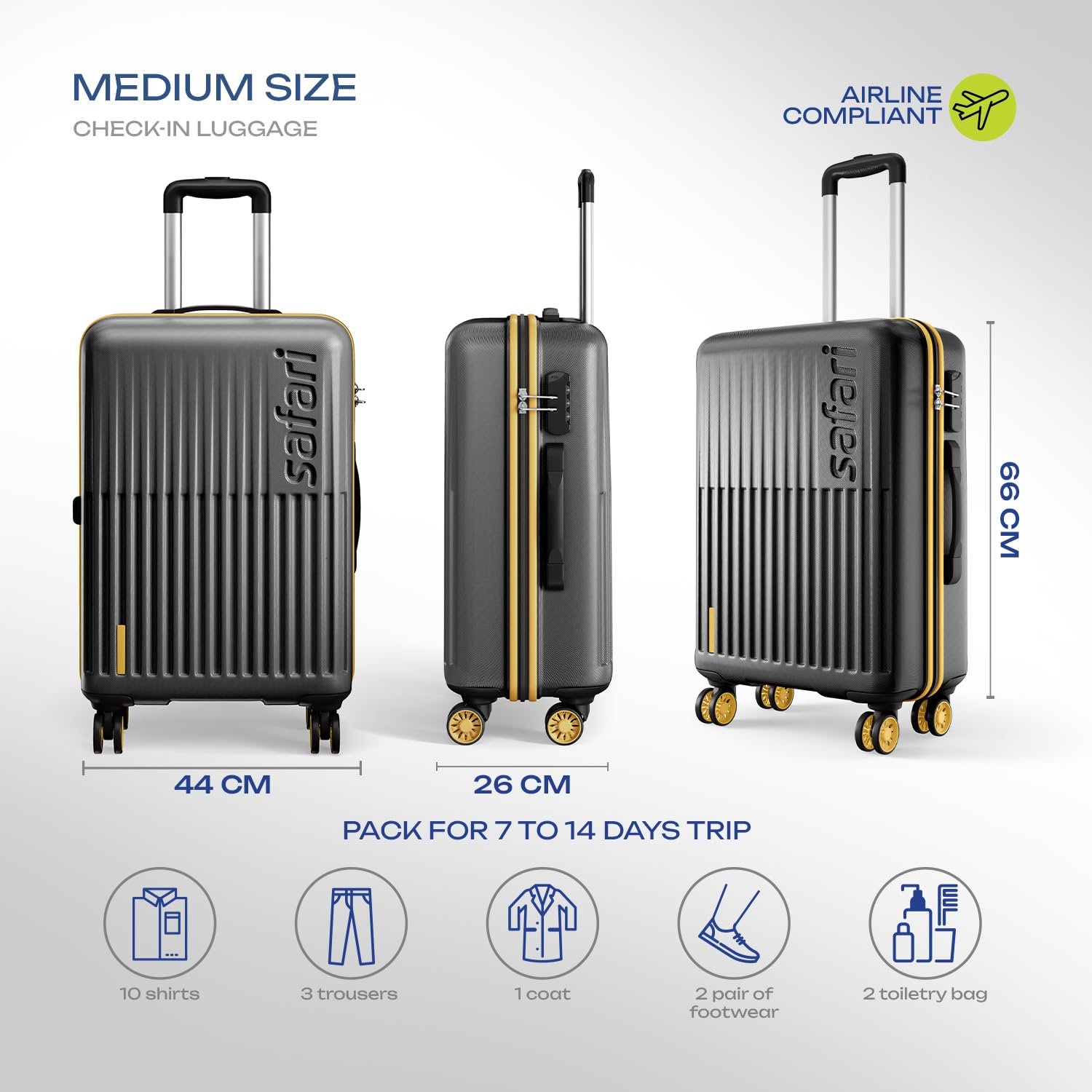 Safari Astra Neo 8 Wheels Check-in Trolley Bag, Hard Case Polycarbonate, 360 Degree Wheeling Luggage for Men & Women, Suitcase for Travel, Black, 66cm Medium Size - Image 7