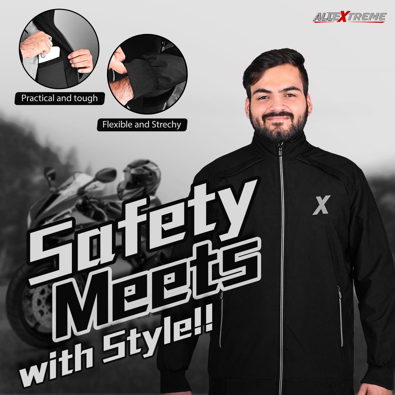 Allextreme GX01 Men's Windcheater with Front Zip Closure Full Sleeve Polyester Windbreaker Sports Winter Jacket for Riders Gym Workout Running Travel Trekking (L, Black) - Image 5