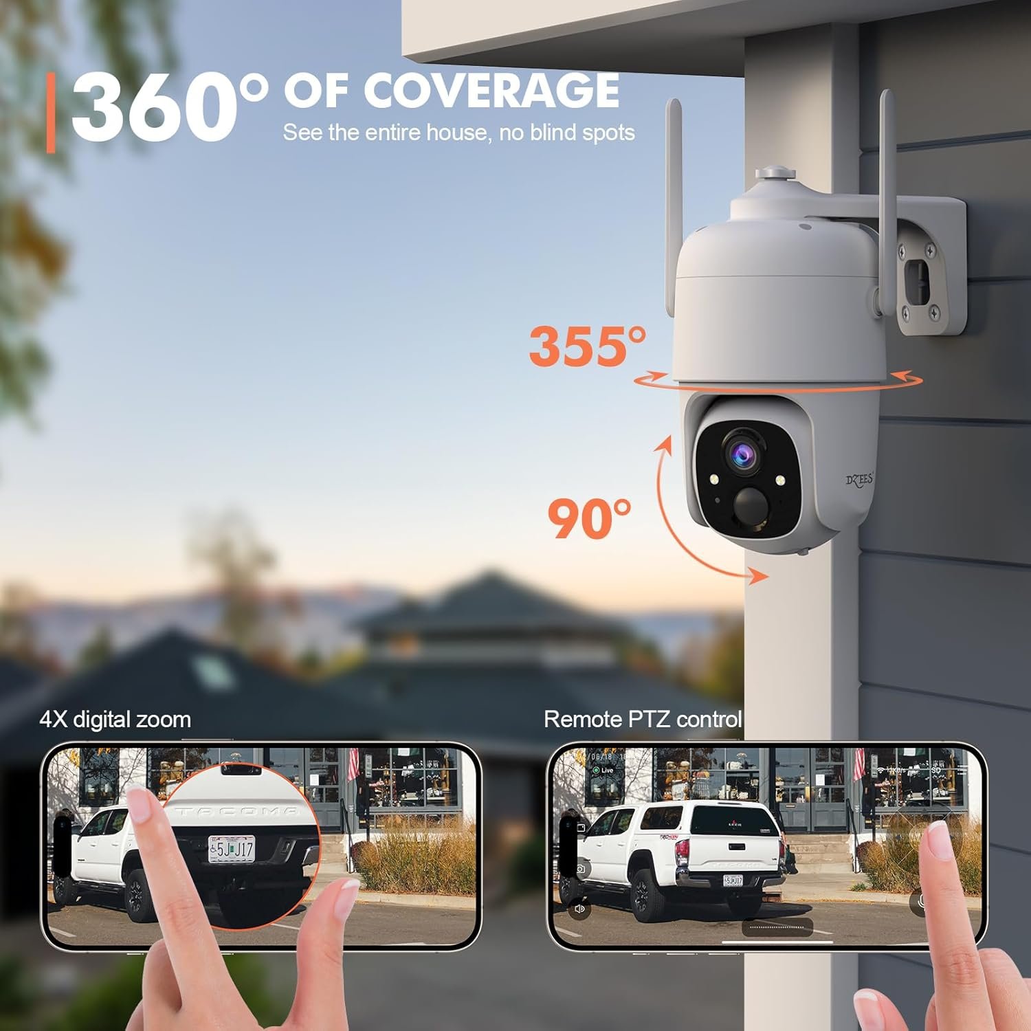 Dzees 360° PTZ Security Cameras Wireless Outdoor WiFi, 2K Powered Home Security Camera Indoor, Spotlight & Siren, Color Night Vision, 2-Way Talk, AI Motion Detection, IP66, Cloud Stroage - Image 3