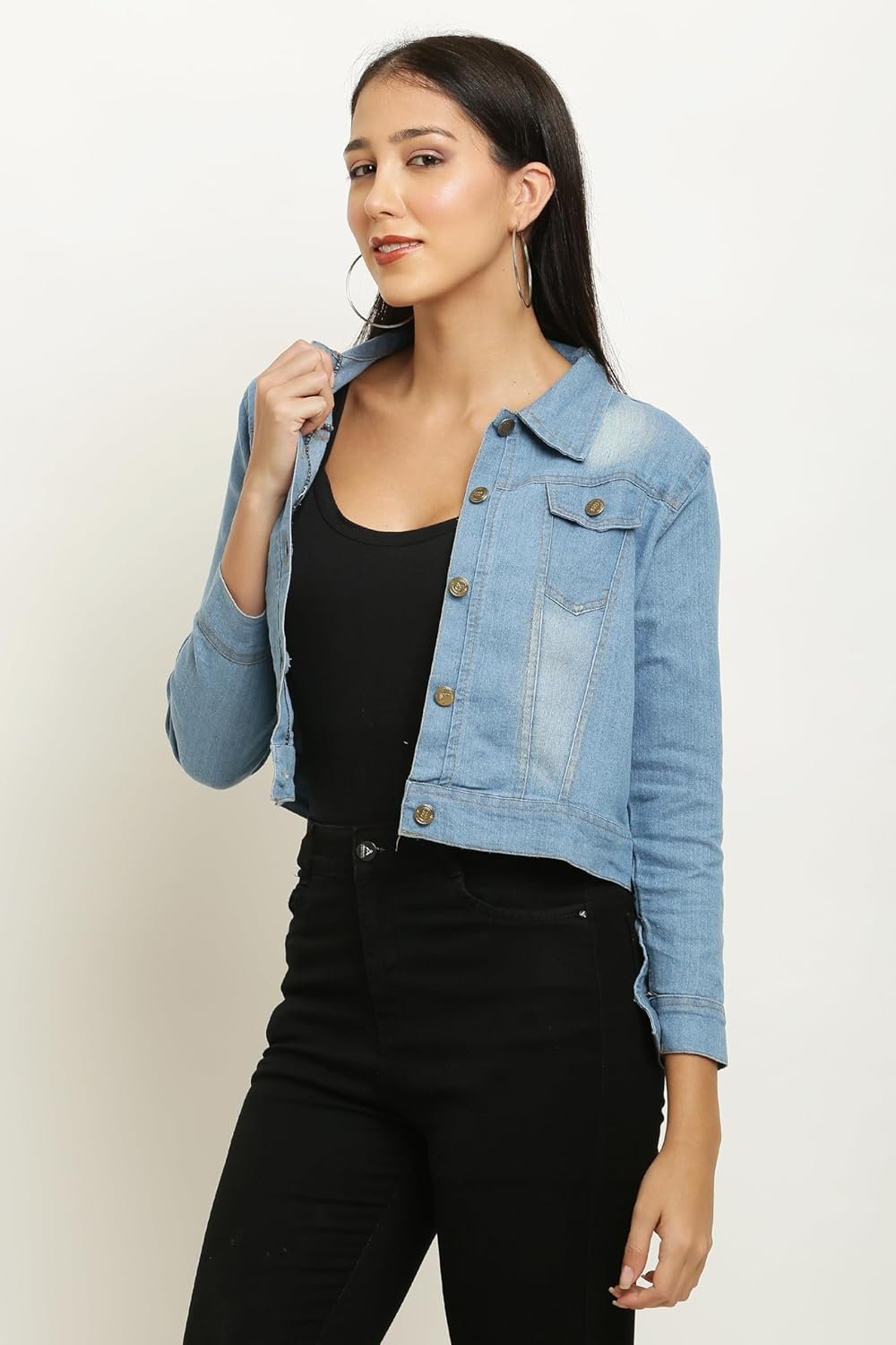 ACEOLA Women's Blue Washed Full Sleeves Buttoned Denim Embellished Cropped Jacket - Image 6