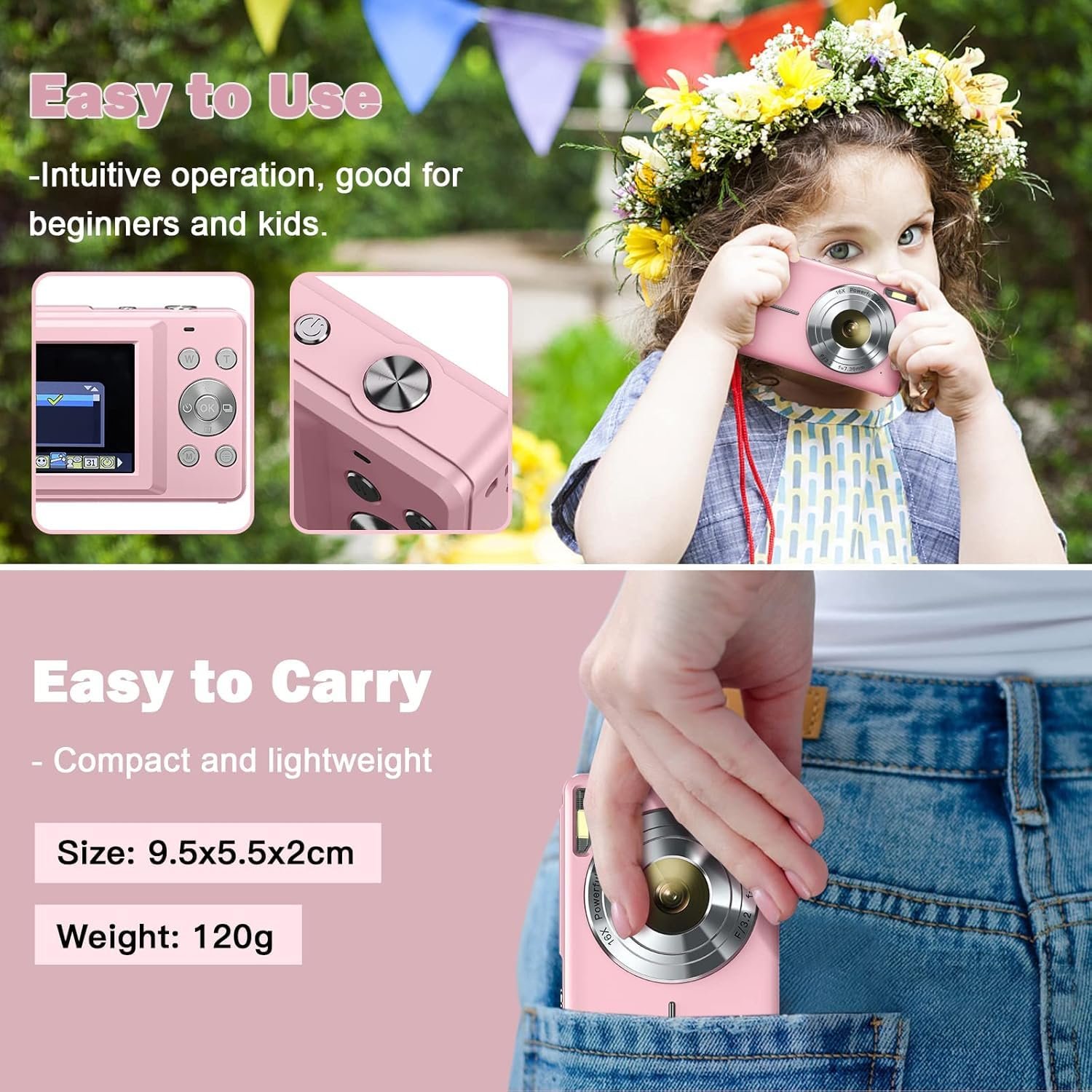 CAMKORY Digital Camera FHD 1080P 44MP Compact Camera 16X Digital Zoom Camera Small Easy to Use Selfie with 2 Batteries for Children Beginners Girls - Image 6