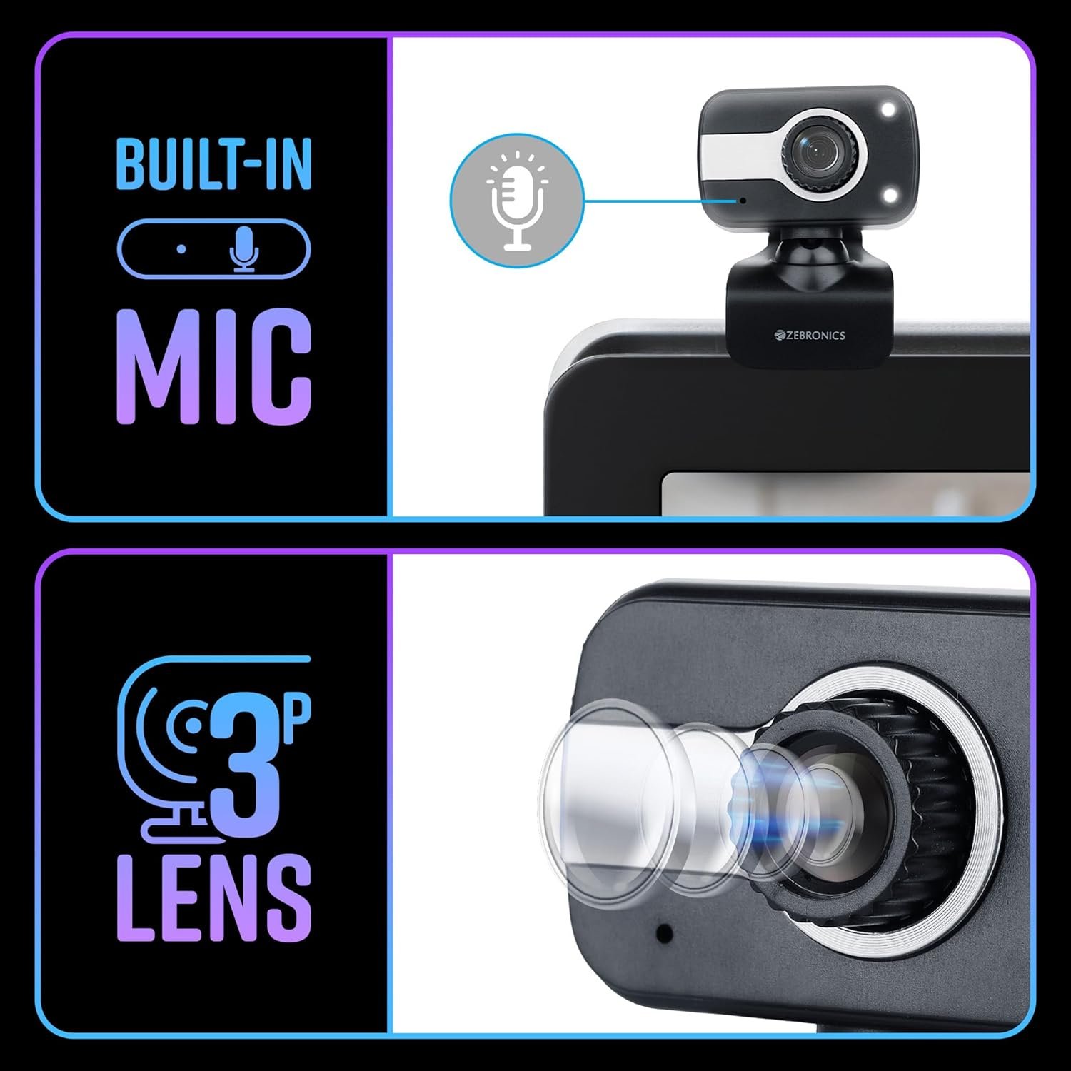 Zebronics Zeb-Crystal Clear Web Camera, 0.3 MP with USB with 3P Lens,Built-in Microphone,Auto White Balance,Night Vision and Manual Switch for LED (Black) - Image 6