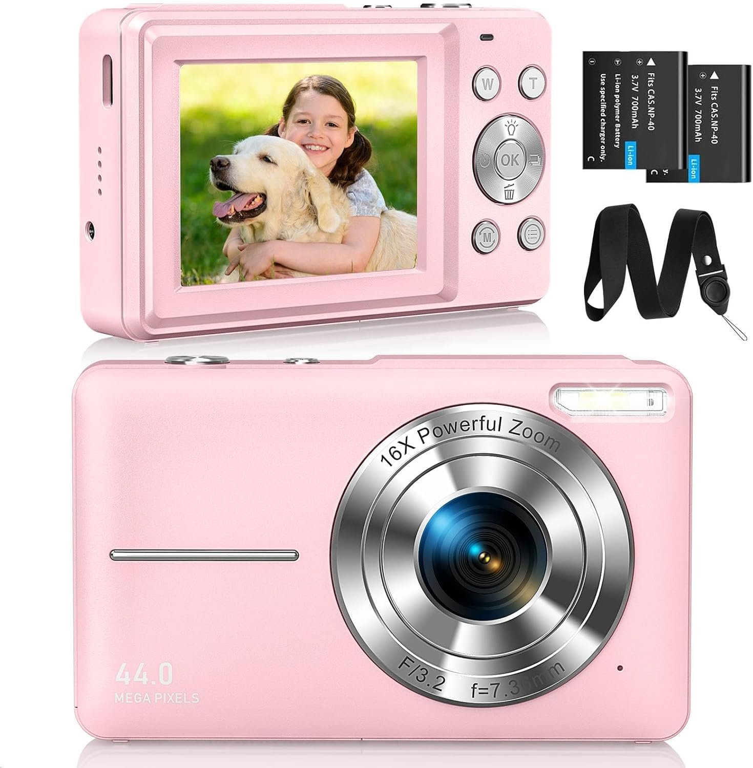 CAMKORY Digital Camera FHD 1080P 44MP Compact Camera 16X Digital Zoom Camera Small Easy to Use Selfie with 2 Batteries for Children Beginners Girls