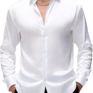 CB-COLEBROOK Mens Stylish Solid Silk Satin Casual Dress Shirts for Men Shiny Long Sleeve Button Down Shirt Party Prom Wedding Shirt for Mens
