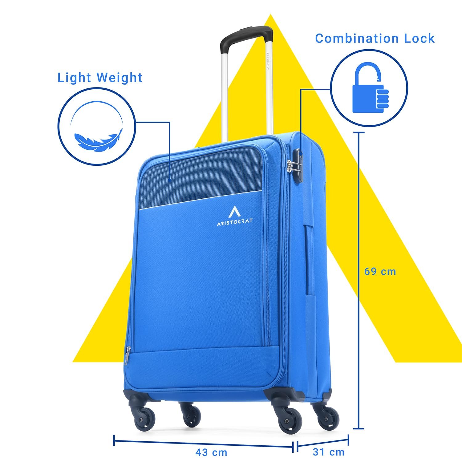 Aristocrat Oasis Plus Medium Size Soft Check in Spinner Luggage (69 Cm)|Spacious Polyester Trolley with 4 Wheels and Combination Lock|Dazzling Blue|Unisex| 5 Year Warranty - Image 2