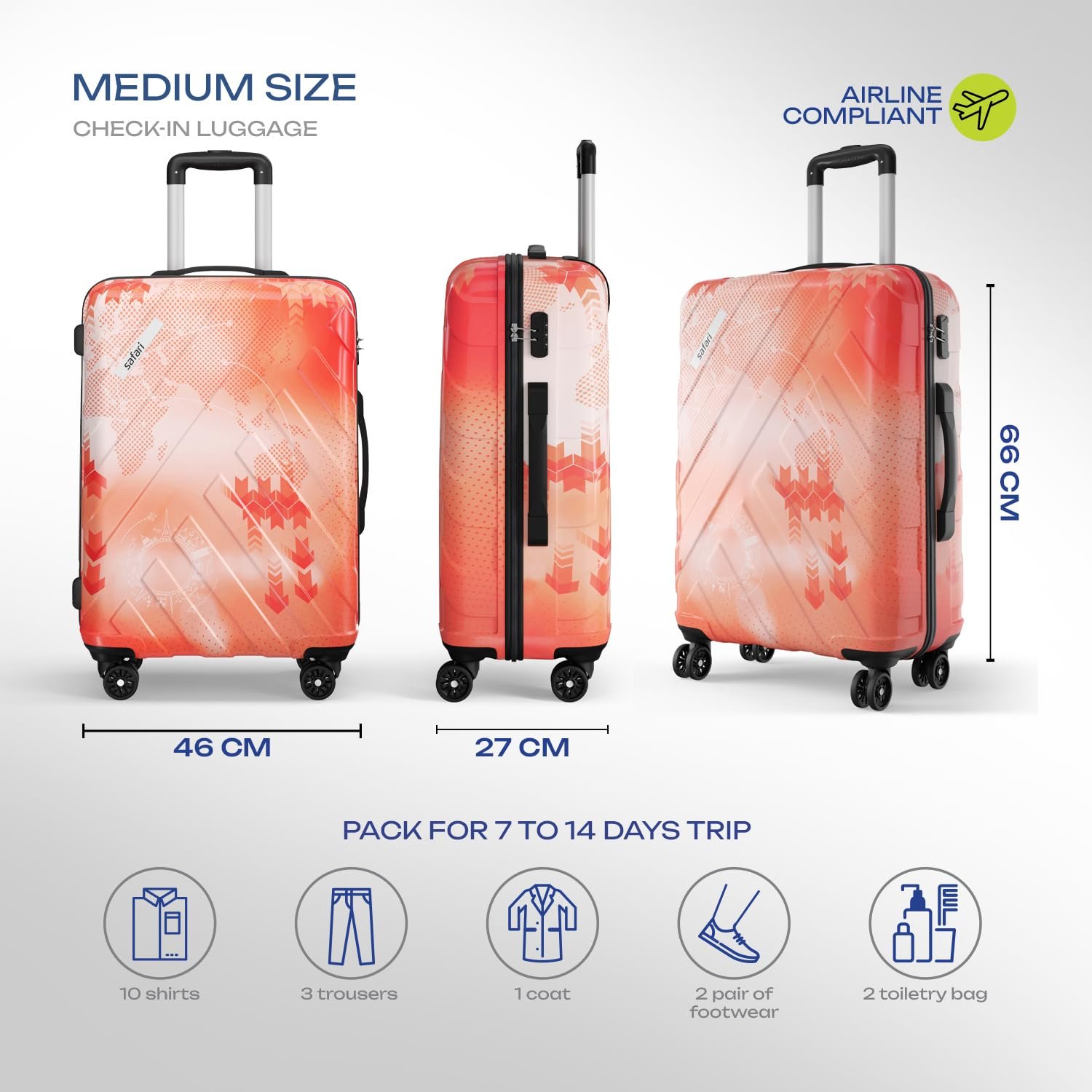 Safari Matrix 8 Wheels 65cm Medium Size Trolley Bag, Hard Case Polycarbonate, 360 Degree Wheeling Small Check in Luggage, Suitcase for Travel, Trolley Bags for Travel, Printed - Image 7