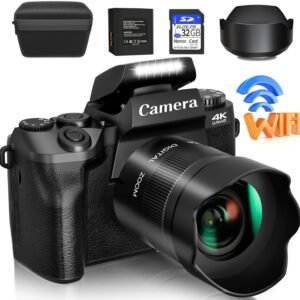 LEQTRONIQ Digital Camera, 4k Cameras for Photography & Video, 64MP WiFi Touch Screen Vlogging Camera for YouTube with Flash, 32GB SD Card, Lens Hood, 3000mAH Battery, Front and Rear Cameras – Black