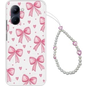 COBERTA Printed Back Cover for OnePlus Nord CE5 5G Back Cover Case with Phone Charm Chain Strap Beads & Pearls for Girls Stylish – Trendy Pink Bows and Phone Charms – D16915
