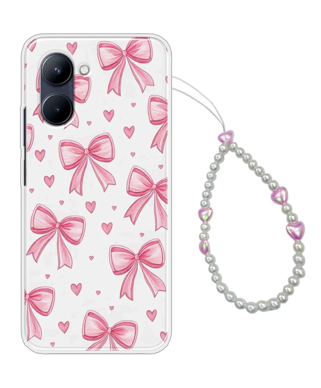 COBERTA Printed Back Cover for OnePlus Nord CE5 5G Back Cover Case with Phone Charm Chain Strap Beads & Pearls for Girls Stylish - Trendy Pink Bows and Phone Charms - D16915