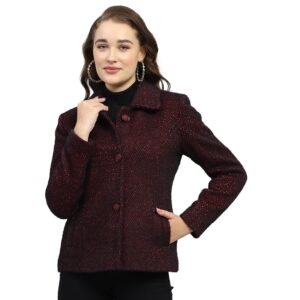 Monte Carlo Womens Self Design Maroon Collar Neck Full Sleeve Coat