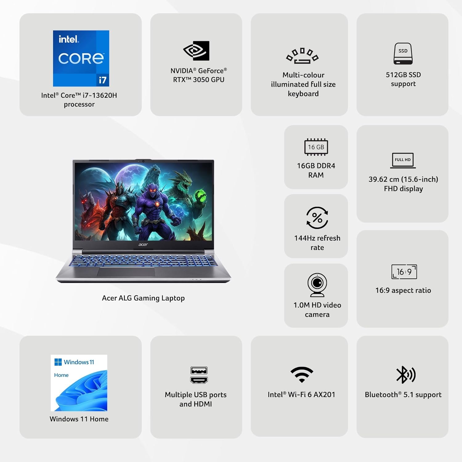 Acer ALG, Intel Core i7-13th Gen 13620H Processor, NVIDIA GeForce RTX 3050-6GB(16GB/512GB) FHD, 39.62cm(15.6"), 144Hz, Windows 11 Home, Steel Gray, 1.99KG, AL15G-53, Premium Metal Body,Gaming Laptop - Image 3