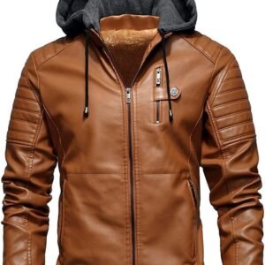 Blaq Ash Men’s Faux Leather Hooded Motorcycle Jacket, Zip-Up, with Pockets Removable Hood