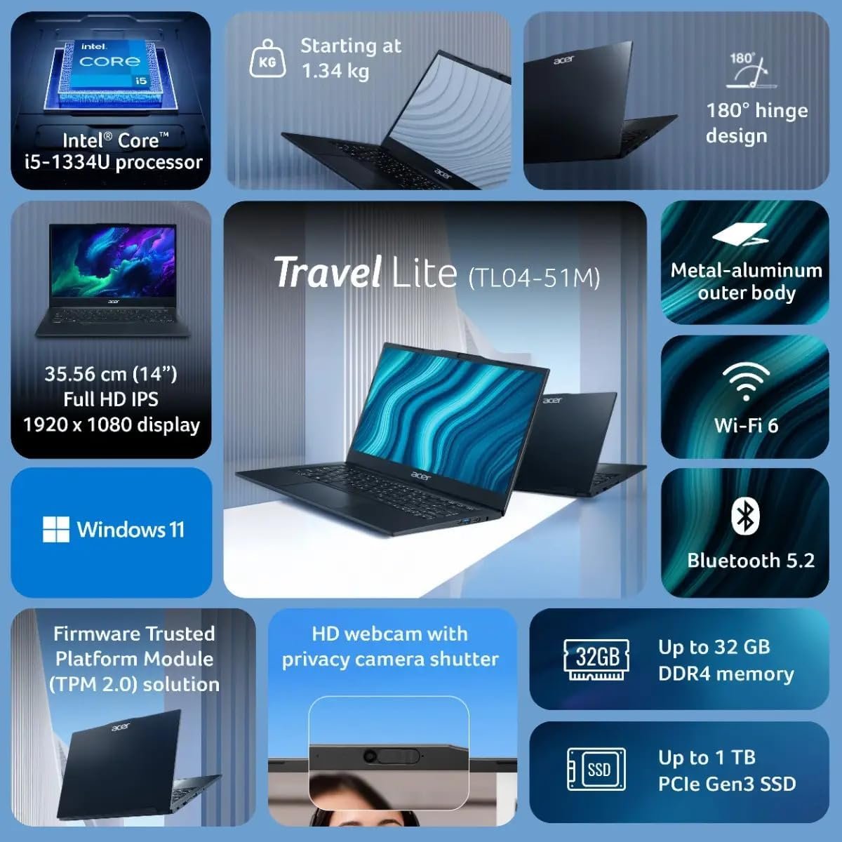 acer TravelLite Smart FHD TL04-51M Laptop, Intel Core i5 1334u 13th Gen 8 Core with 8GB Ram / 512GB NVMe SSD/Intel Iris Xe Graphics/Windows 11/14 Inch / 1 Year Brand Warranty - Image 2