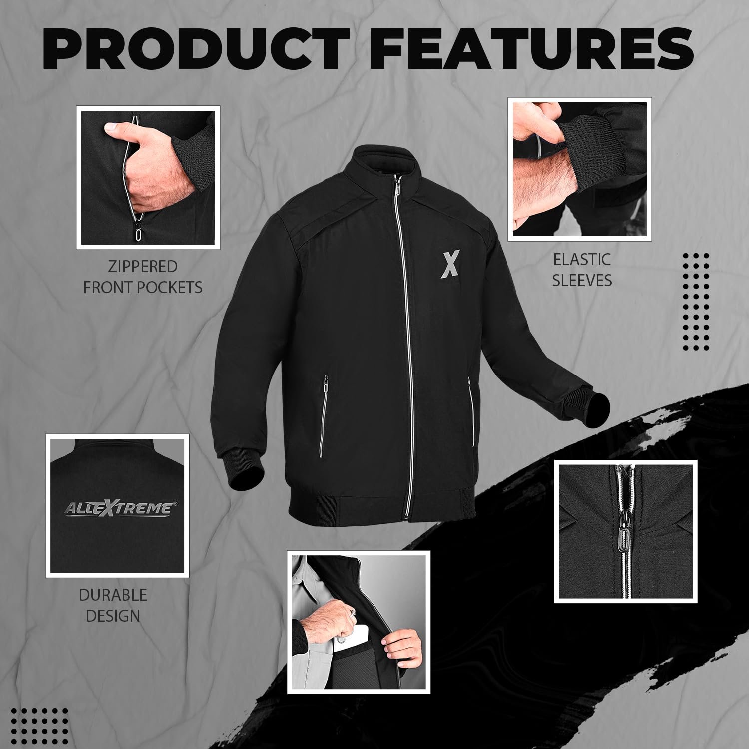 Allextreme GX01 Men's Windcheater with Front Zip Closure Full Sleeve Polyester Windbreaker Sports Winter Jacket for Riders Gym Workout Running Travel Trekking (L, Black) - Image 3
