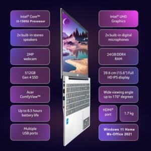 Acer Aspire 3 (2025) Intel Core i3 13th Gen 1305U - (24 GB/512 GB SSD/Intel UHD Graphics/Windows 11 Home) Thin and Light Laptop/15.6" FHD IPS Display/Metal Body/Silver/1.5 Kg/MSO 2021/3 Years Warranty