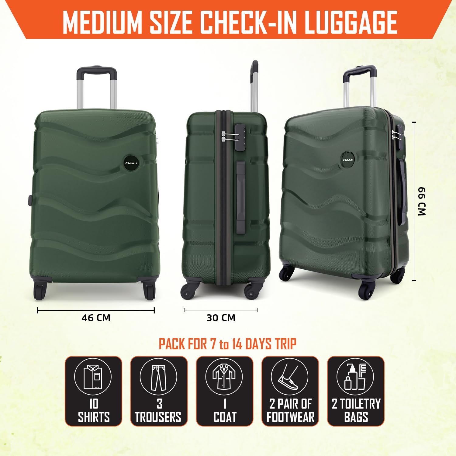 Safari Genius Fortis 66cm Medium Size Check-in Trolley Bag Hard Case Polycarbonate, 4 Spinner Wheels, 360 Degree Wheeling Luggage, Travel Bag, Suitcase for Travel, Trolley Bags for Travel, Green - Image 7