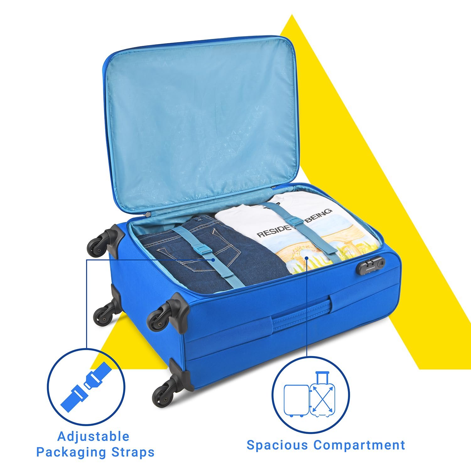 Aristocrat Oasis Plus Medium Size Soft Check in Spinner Luggage (69 Cm)|Spacious Polyester Trolley with 4 Wheels and Combination Lock|Dazzling Blue|Unisex| 5 Year Warranty - Image 5