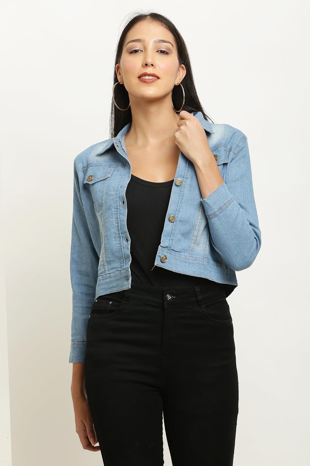 ACEOLA Women's Blue Washed Full Sleeves Buttoned Denim Embellished Cropped Jacket - Image 2