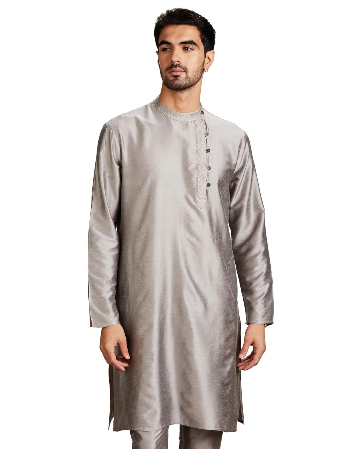 Amazon Brand - Symbol Men's Rayon Solid Festive Embellished Long Kurta (Regular Fit)
