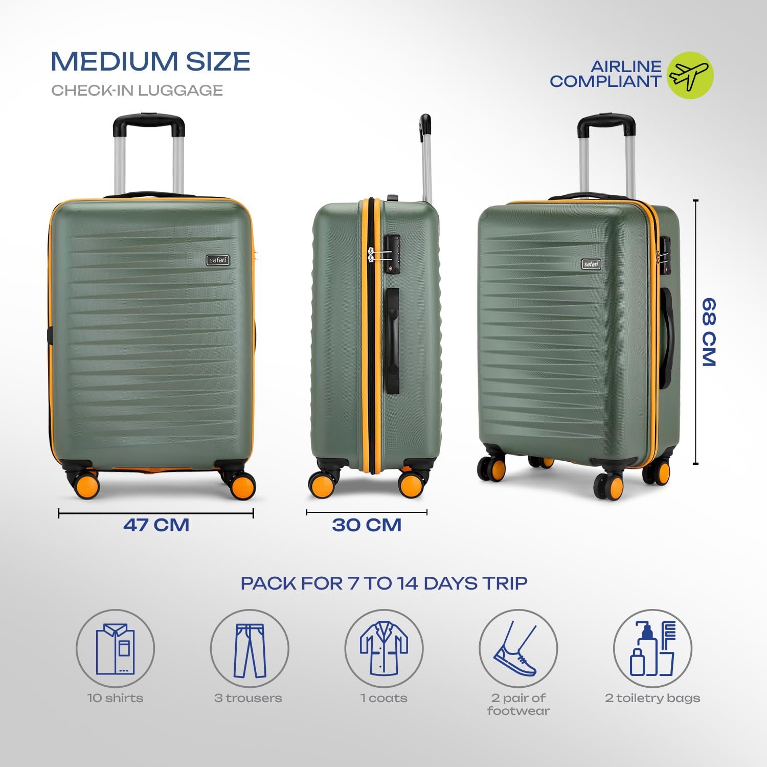 Safari Defender 8 Wheels 68cm Medium Size Trolley Bag, Hard Case Polycarbonate, 360 Degree Wheeling Luggage, TSA Lock, Anti-Theft Zippers, Suitcase for Travel, Trolley Bags for Travel, Thyme Green - Image 6