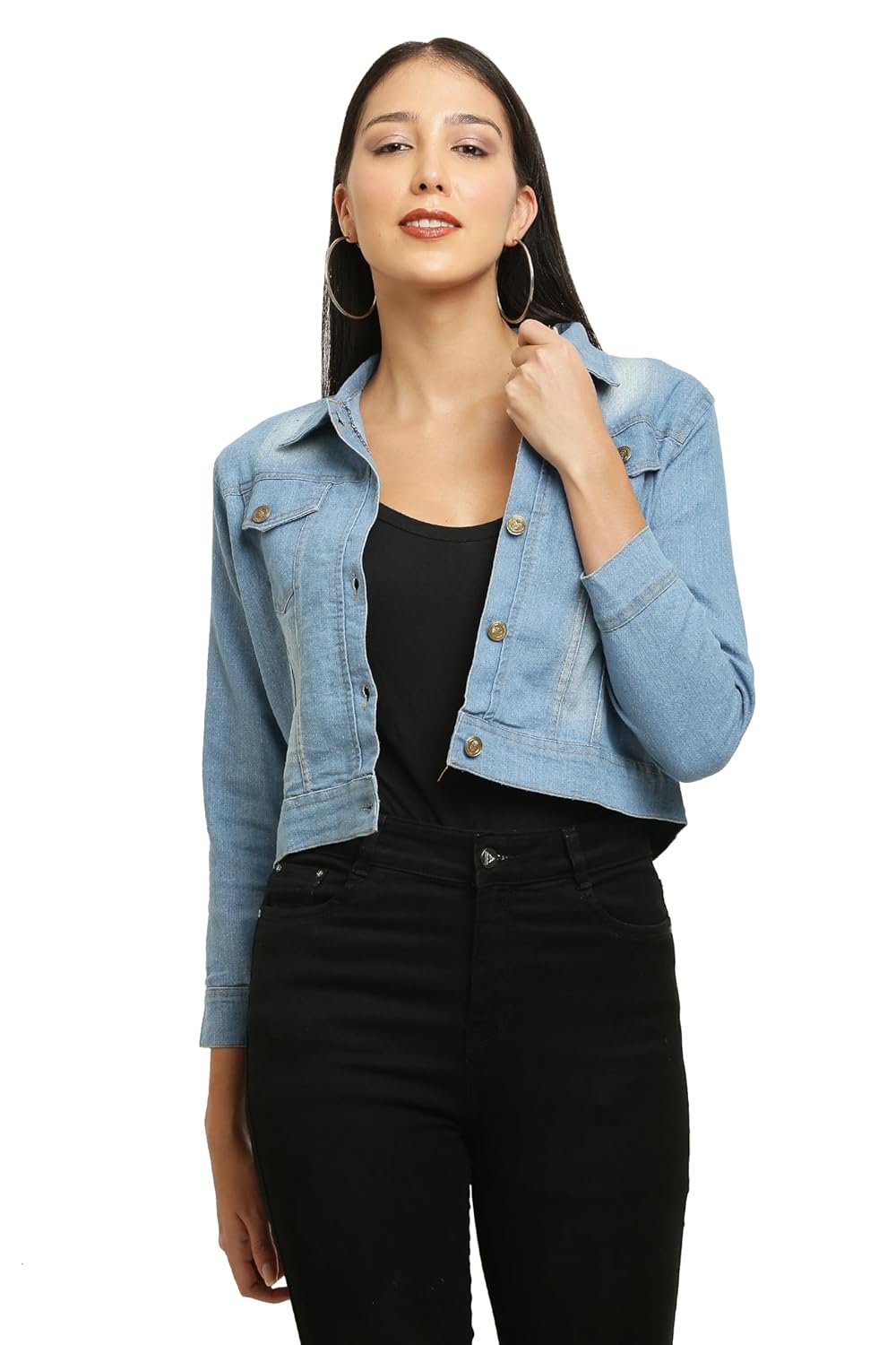 ACEOLA Women's Blue Washed Full Sleeves Buttoned Denim Embellished Cropped Jacket