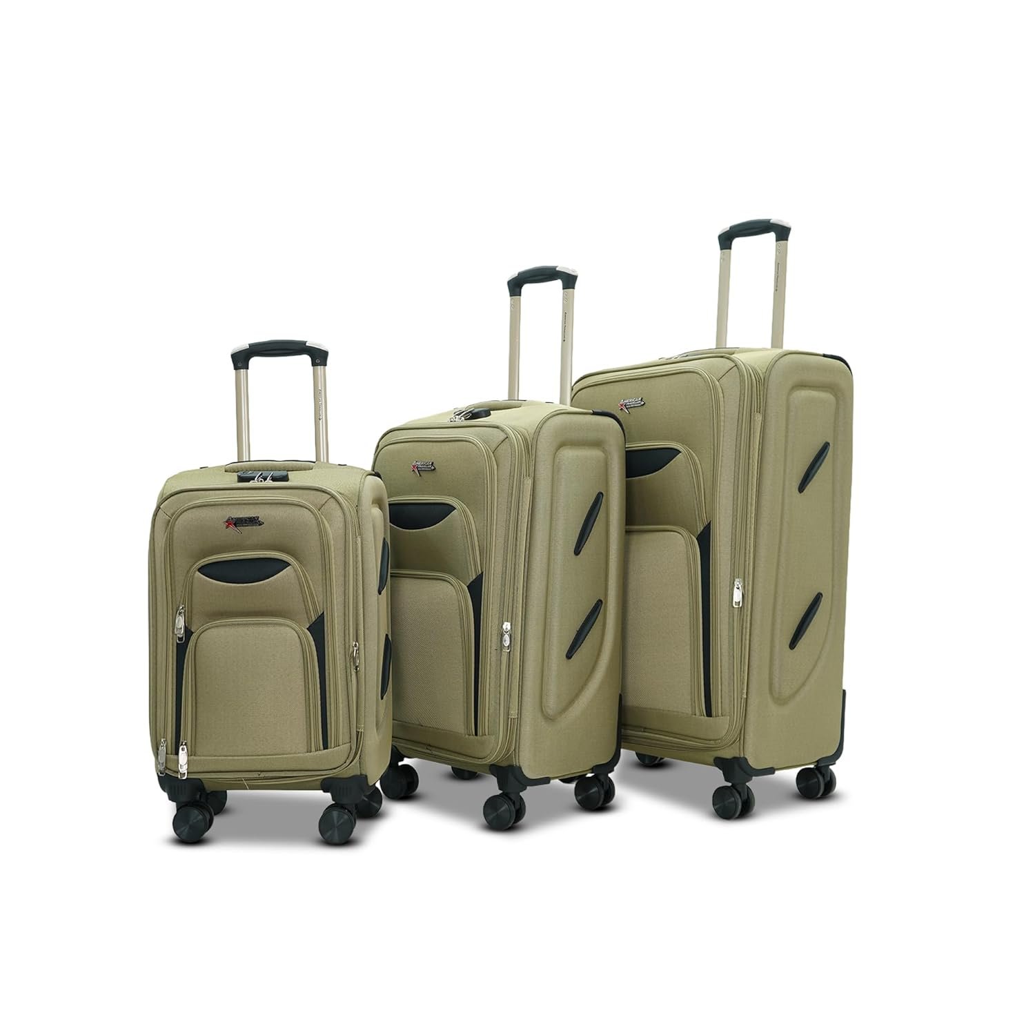 AMERICAN TRAVELLER Tourissem Bossed Trolley Bags Set of 3 – Cabin, Medium, Large | Travel Suitcase Luggage | 18% Expandable | 360 Dual Disc Spinner Wheels | Lock & Telescopic Handle (3, Beige)