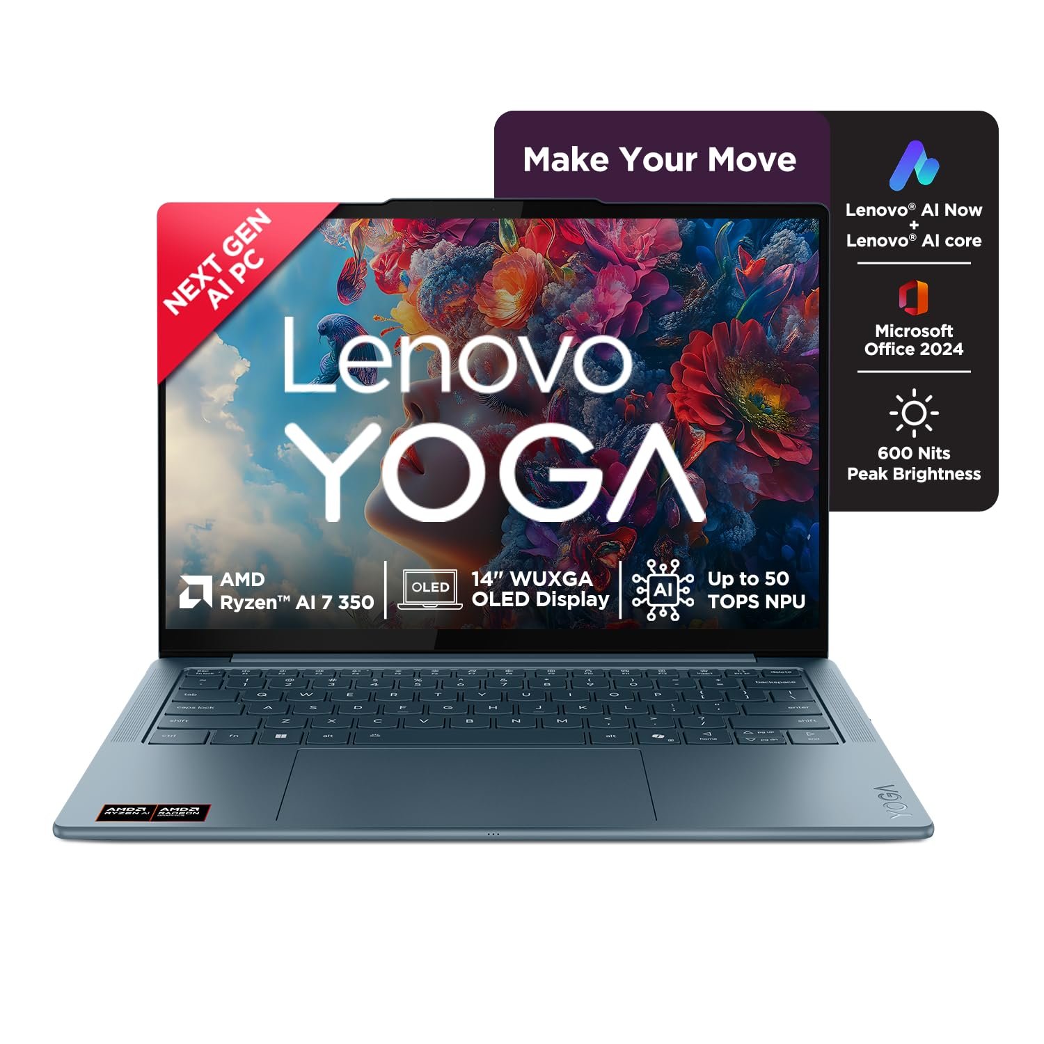 Lenovo Yoga Slim 7 AMD Ryzen AINow 7 350, 83JY005YIN AI Laptop, Copilot+ 32GB RAM/1TB SSD/14"(35.5cm)WUXGA OLED/50 TOPS/Windows 11, Office Home 2024, Backlit Keyboard, 1Yr ADP Free, Teal, 1.19Kg