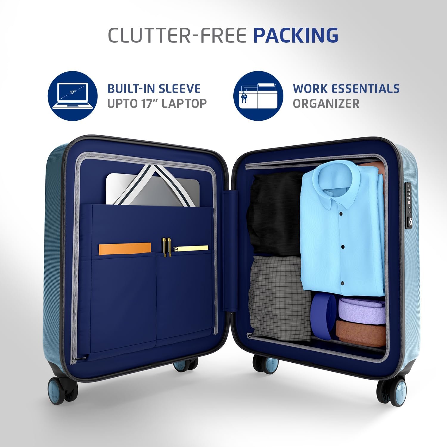 Safari Aviator 50 cm Cabin Overnighter Laptop Trolley Bag, Hard Case Polycarbonate, TSA Lock, 8 Wheels 360 Degree Wheeling Carry on Luggage, Suitcase for Travel, Trolley Bags for Travel, Pearl Blue - Image 2