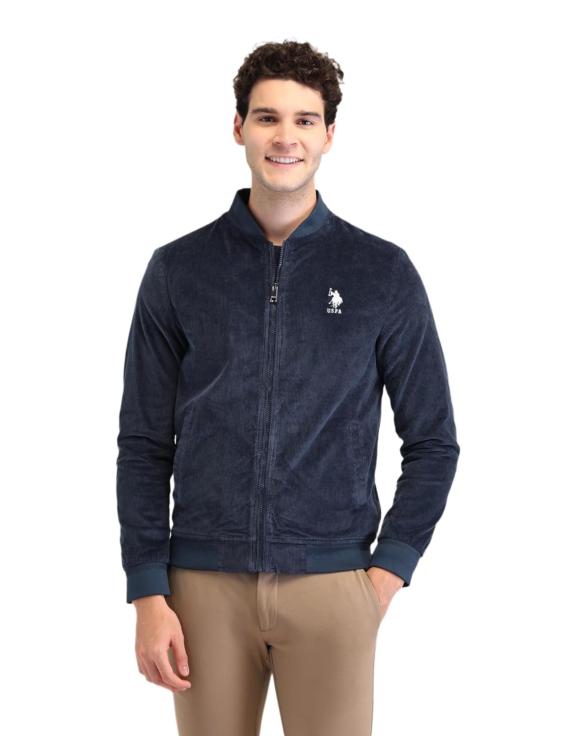 U.S. Polo Assn. Men's Blue Textured Mock Collar Long Sleeve Casual Polyester Regular Fit Jacket
