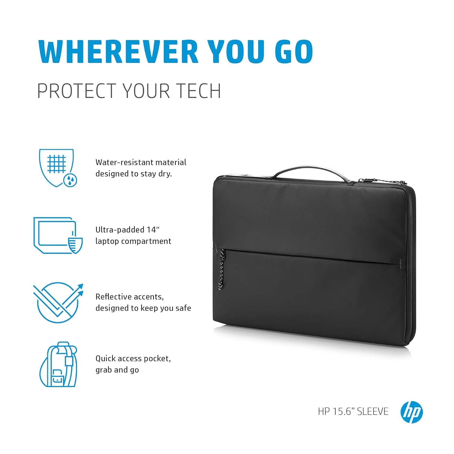 HP Polyester 15-inch Laptop Sleeve with Water Resistance, Padded Protection and Quick Access Pocket - 14V33AA, Black - Image 2