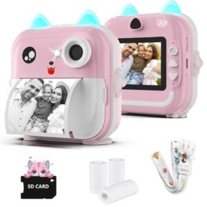 CADDLE & TOES Instant Print Camera For Kids – 1080P HD, 48MP, SD Card, Bluetooth, Free App, 3 Rolls Print Paper, Stickers, Fun Filters, Gift For Boys And Girls – Pink Camera For Kids 4-12 Y (Pink)