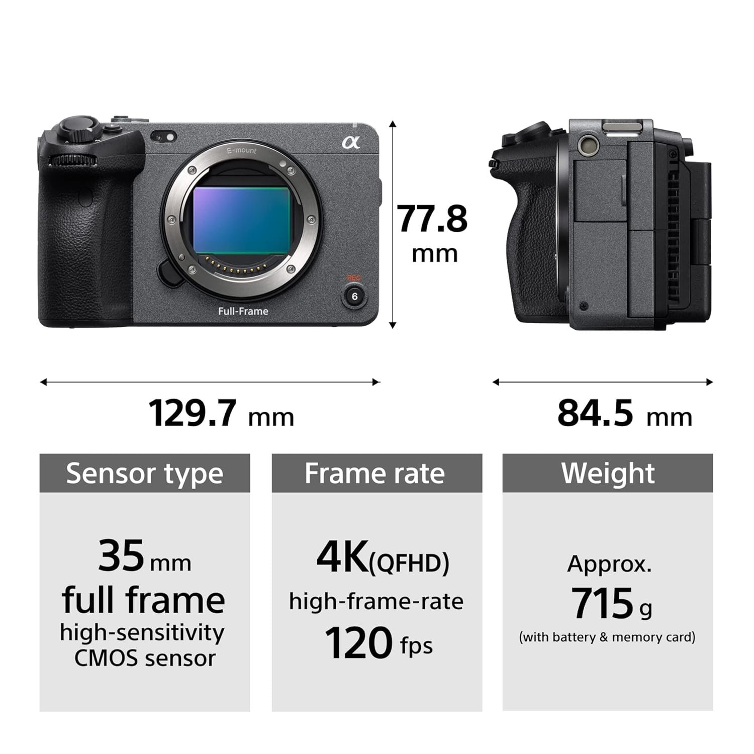 Sony FX3A Cinema Line Full-Frame Camera | 4K 120P | Compact & Lightweight | Made for Filmmakers | Cinematic Shots + Rechargeable Battery (NP-FZ100) - (Grey) - Image 4