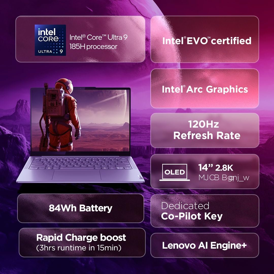 Lenovo Yoga Slim 7 (Smartchoice) Intel Core Ultra 9 185H 14"(35.5cm) WUXGA-OLED Laptop (32GB RAM/1TB SSD/AI PC/Windows 11/Microsoft 365 Basic + Office Home 2024/1Yr ADP Free/Grey/1.39Kg), 83CV00B3IN - Image 2