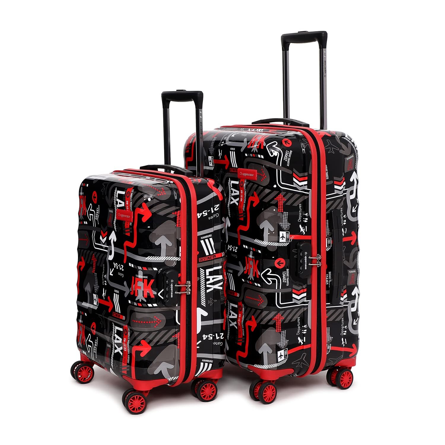 uppercase JFK Trolley Bag Set of 2 (S+M) Hardsided Polycarbonate Cabin & Check-in Printed Trolley Bag|8 Wheel Speed_Wheel Suitcase for Men & Women|2000 Days Warranty (Black), 65.5 Centimeters