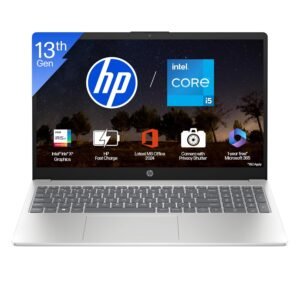 HP 15, 13th Gen Intel Core i5-1334U (16GB DDR4, 512GB SSD) Anti-Glare, Micro-Edge, 15.6''/39.6cm, FHD, Win 11, Office 24, Silver, 1.59kg, fd0467tu, Iris Xe Graphics, FHD Camera, Backlit KB Laptop