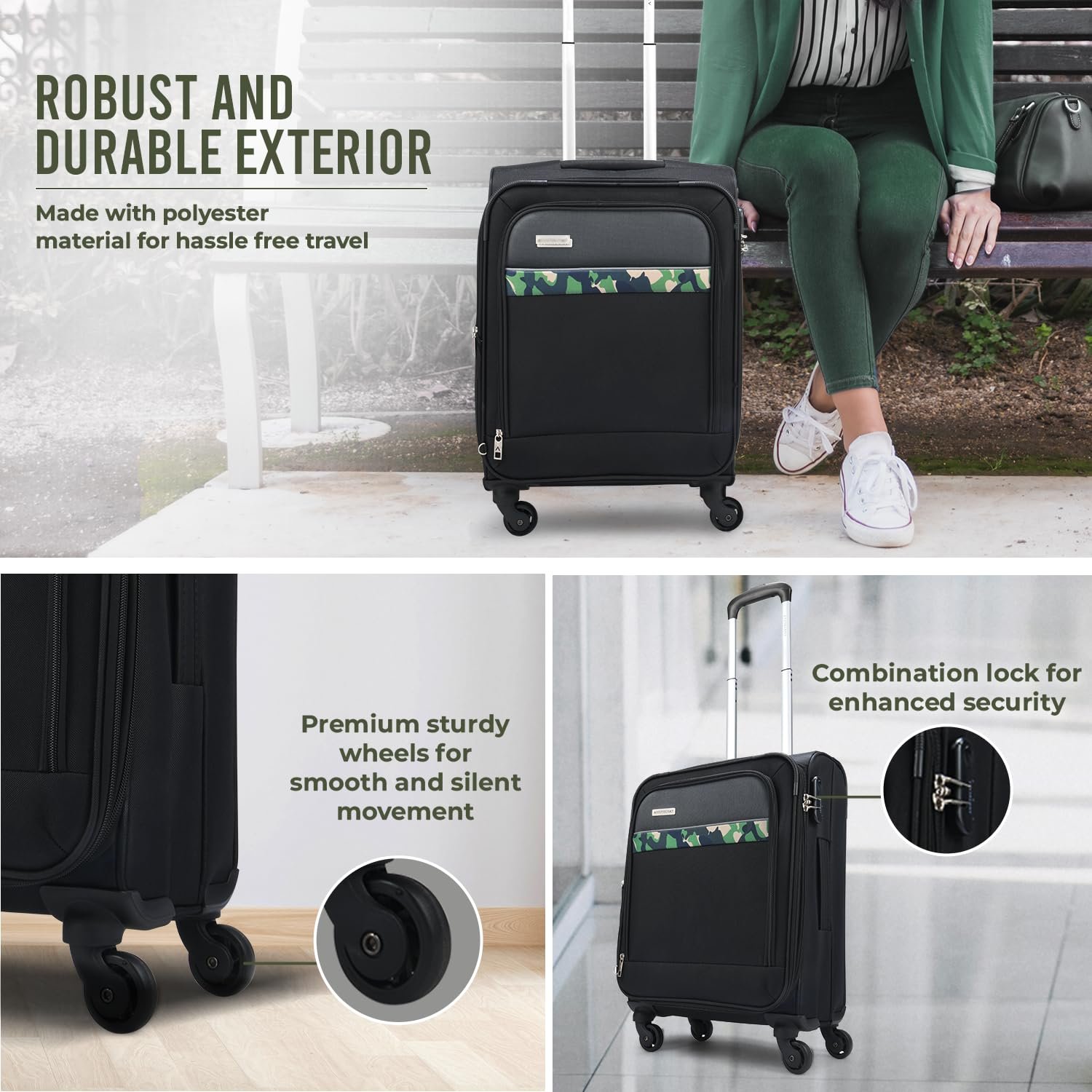 Aristocrat Cabin Commander 55Cms Premium Polyester with PVC Coating Softshell Sided Size 4 Wheels Small Black Inline Suitcase, Medium - Image 6