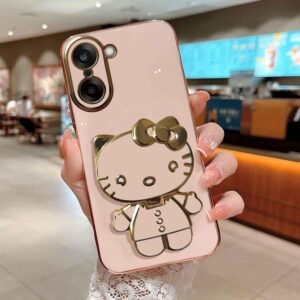 KC Back Cover for OnePlus Nord CE5 – Hidden Kitten Mirror Folding Bracket Kickstand Electroplated Soft Silicone Camera Protection Case – Pink