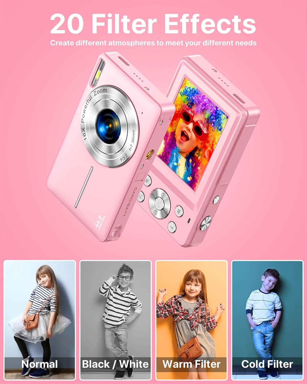 VAHOIALD Digital Camera 1080P FHD Compact Digital Camera 44MP Portable Mini Small Photo Camera with 2.4" LCD Screen, 16X Digital Zoom and 1 Battery Vlogging Camera for Kids, Girls, Boys-Pink, 32 GB - Image 4