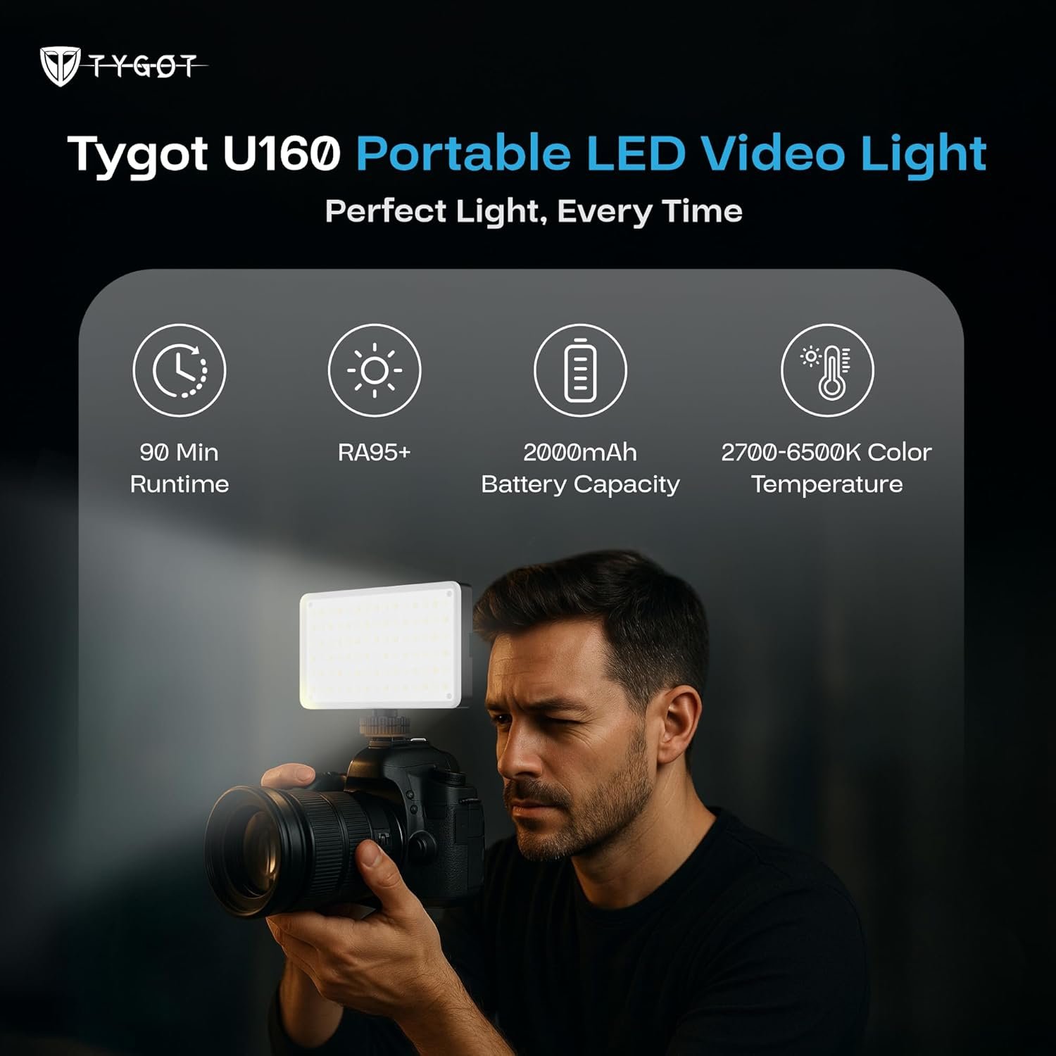 TYGOT U160 Portable LED Video Light for Mobile & DSLR, 2000mAh Rechargeable Battery, Adjustable 2700K-6500K Color Temperature, CRI 95+, Universal Mount, Compact Fill Light for Vlogging & Streaming - Image 2