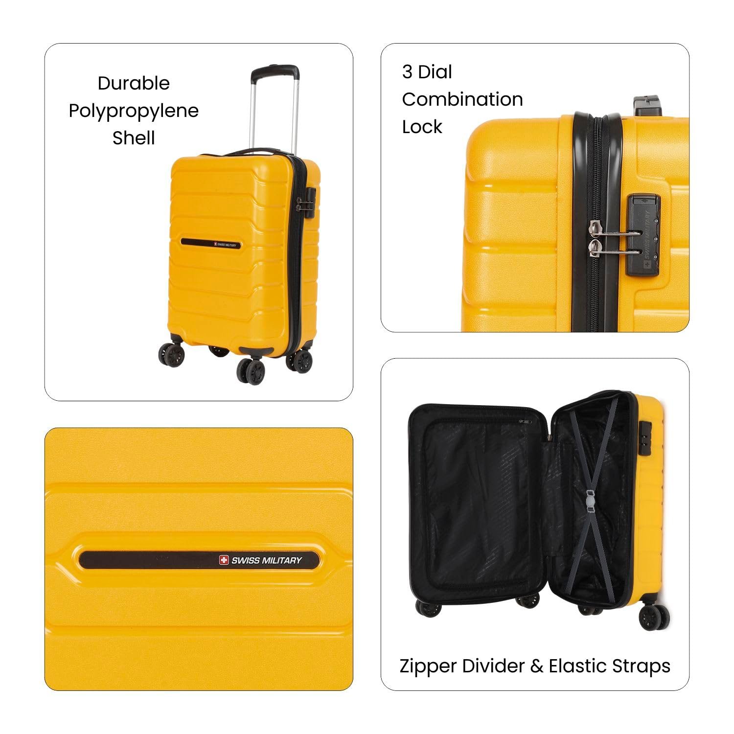Swiss Military Rhombus 55 Cms Cabin Luggage Yellow - Lightweight Polycarbonate Hardshell Carry-On Suitcase, 8-360° Rotating Spinner Wheels, Fixed Combination Lock, Push Button Handle, Travel Bag - Image 2