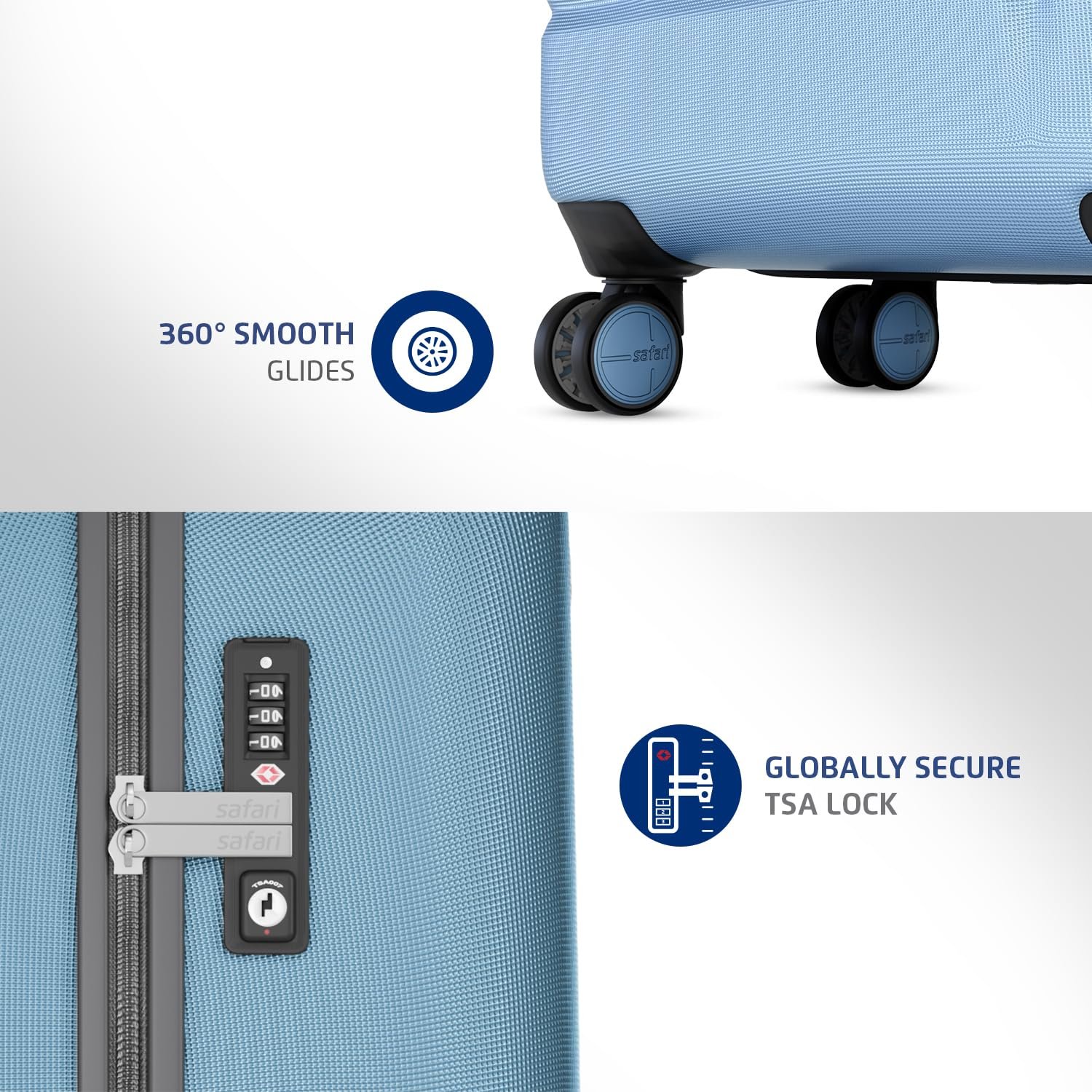 Safari Aviator 50 cm Cabin Overnighter Laptop Trolley Bag, Hard Case Polycarbonate, TSA Lock, 8 Wheels 360 Degree Wheeling Carry on Luggage, Suitcase for Travel, Trolley Bags for Travel, Pearl Blue - Image 3