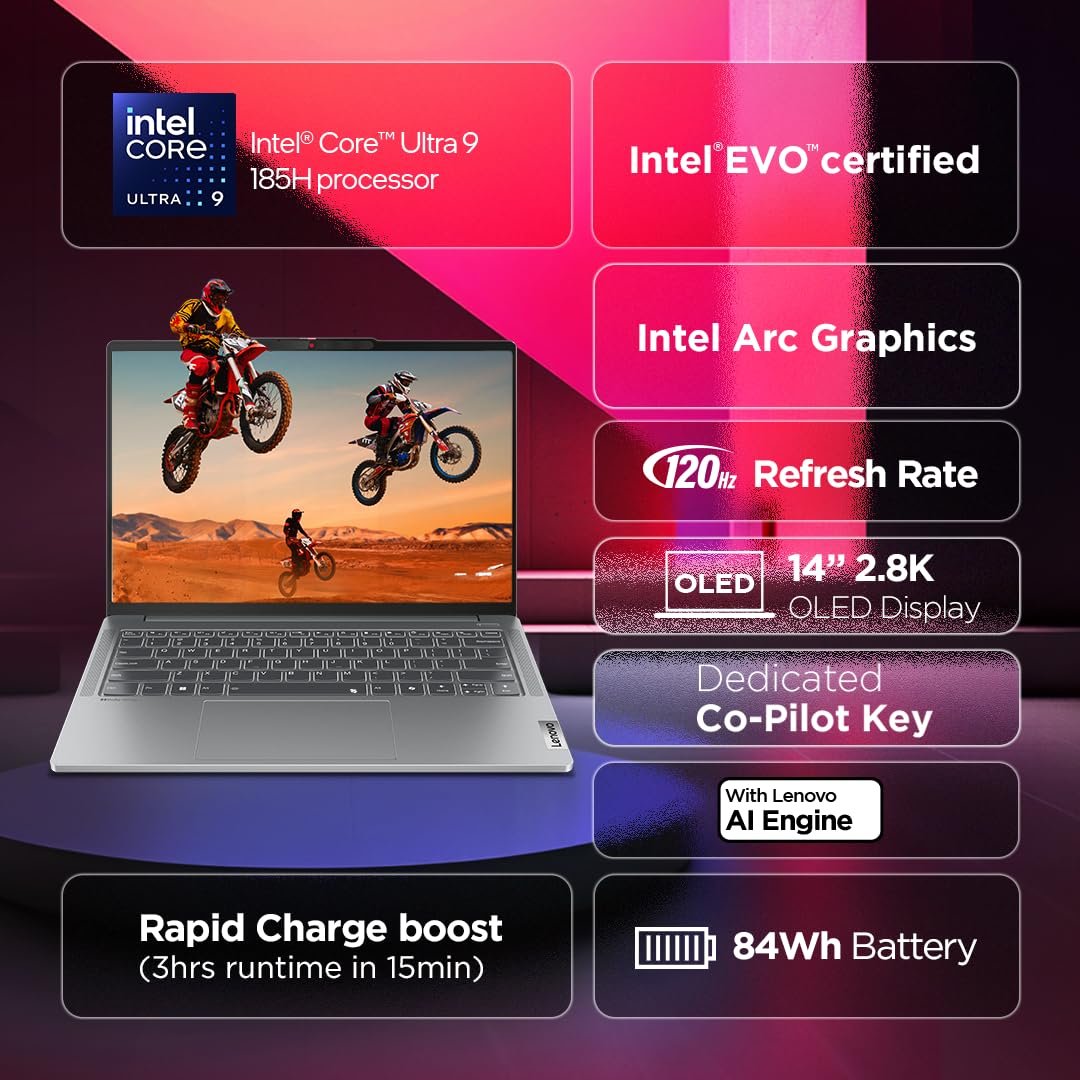 Lenovo IdeaPad Pro 5, Intel Core Ultra 9 185H, 32GB RAM, 1TB SSD, 2.8K-OLED 400Nits 120Hz, 14"/35.5cm, Windows 11, MS Office 21, Grey, 1.4Kg, 83D2001GIN,IntelArc GPU, FHD+IRCam, AI Powered Laptop - Image 2