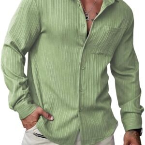 DEELMO Men’s Regular Fit Button Down Dress Shirts Textured Long Sleeve Casual Hawaiian Beach Shirt with Pocket